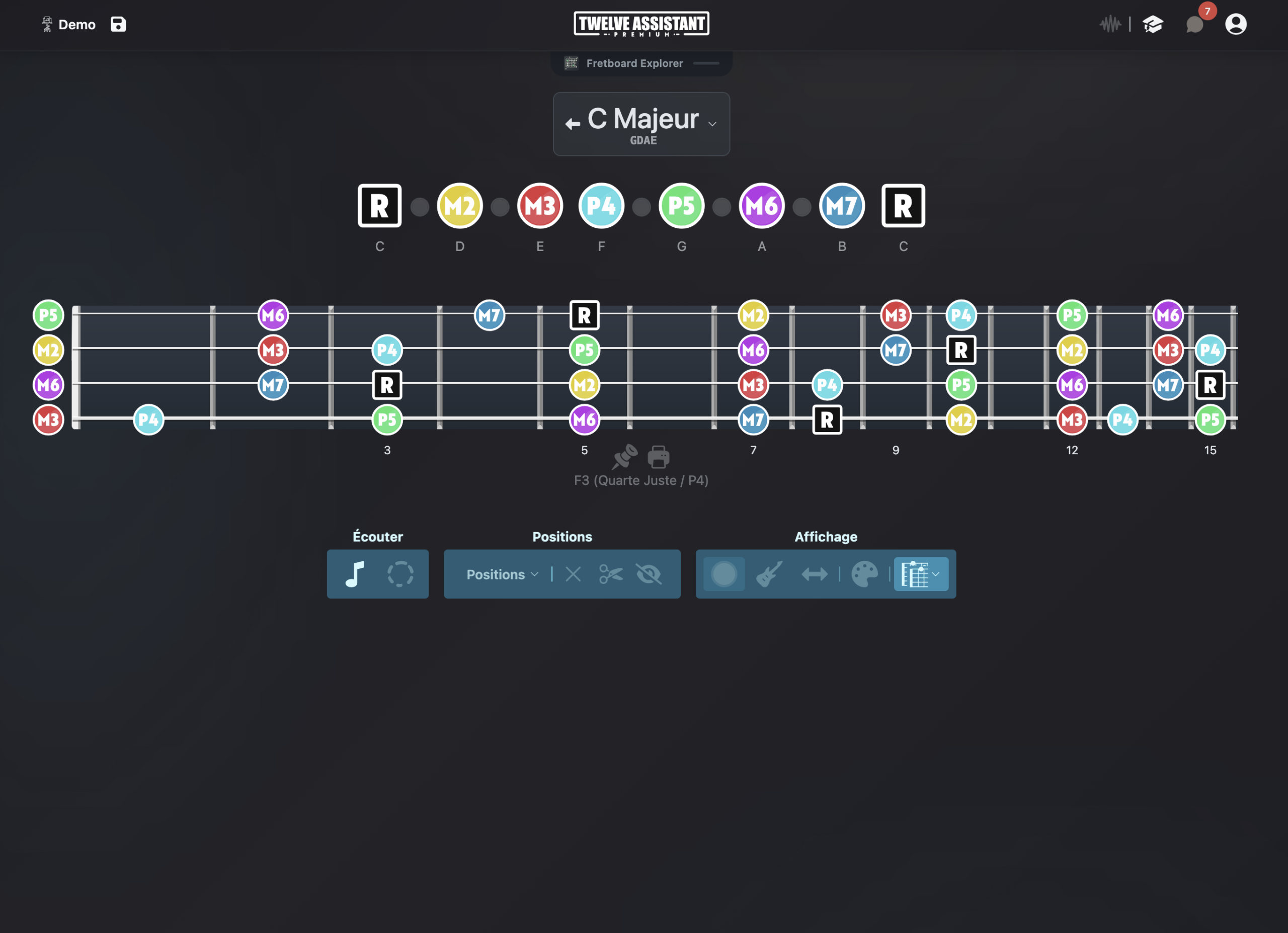 Manche de basse 4 cordes avec notes et intervalles