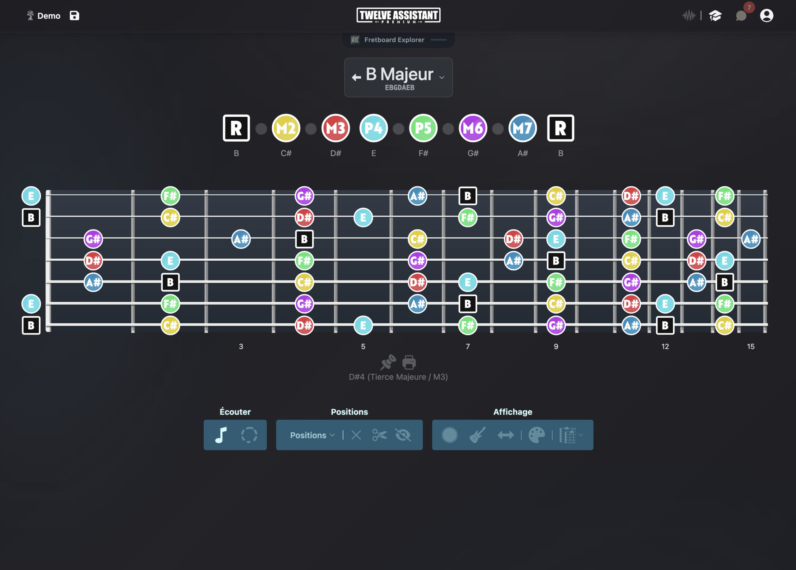 Manche de guitare 7 cordes avec notes et intervalles