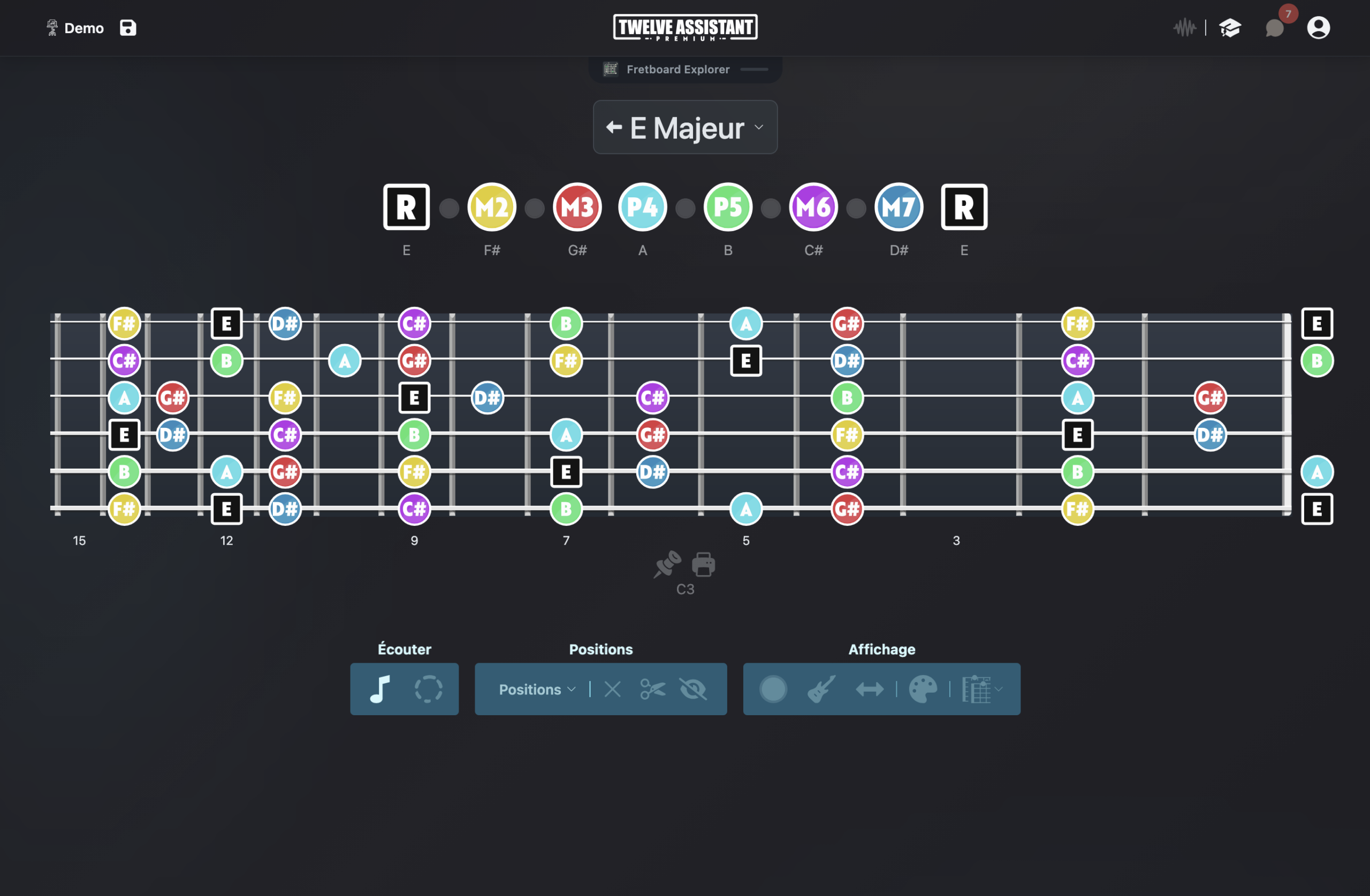 Manche de guitare affiché en mode gaucher dans Twelve Assistant
