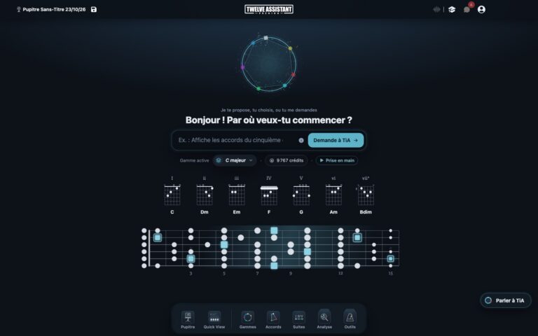 L'accueil de Twelve Assistant V3 : la vitrine de la gamme active, ses sept accords au-dessus du manche, et les six portes en bas de l'écran