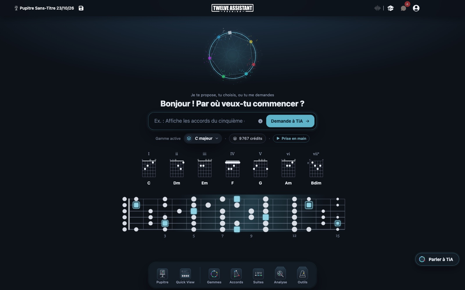 L'accueil de Twelve Assistant V3 : la gamme active, ses sept accords au-dessus du manche, et les six portes en bas de l'écran