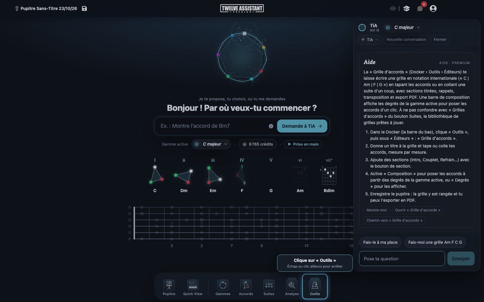 TiA montre le chemin vers l'éditeur de grilles : la porte Outils s'allume dans le Docker