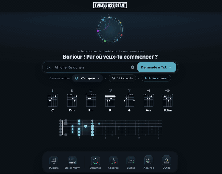 L’accueil de Twelve Assistant V3 : une phrase à TiA, les accords de la gamme et le manche qui s’animent, et les six portes du Docker