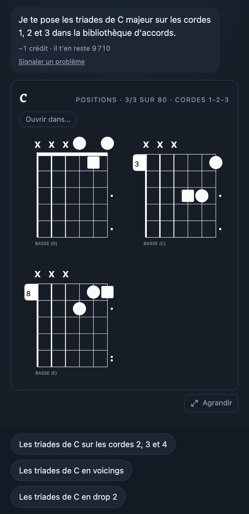 Les trois triades de C sur les cordes 1, 2 et 3, en diagrammes