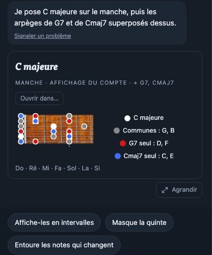 La réponse de TiA à « Superpose G7 puis Cmaj7 sur la gamme de C majeur » : C majeure sur le manche, notes communes G et B, G7 seul D et F, Cmaj7 seul C et E